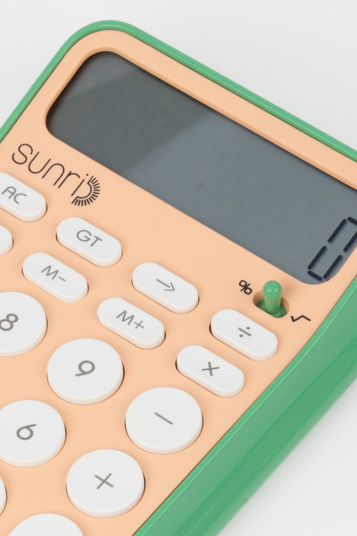 Calculator with green border and 'sunri' branding on a white background