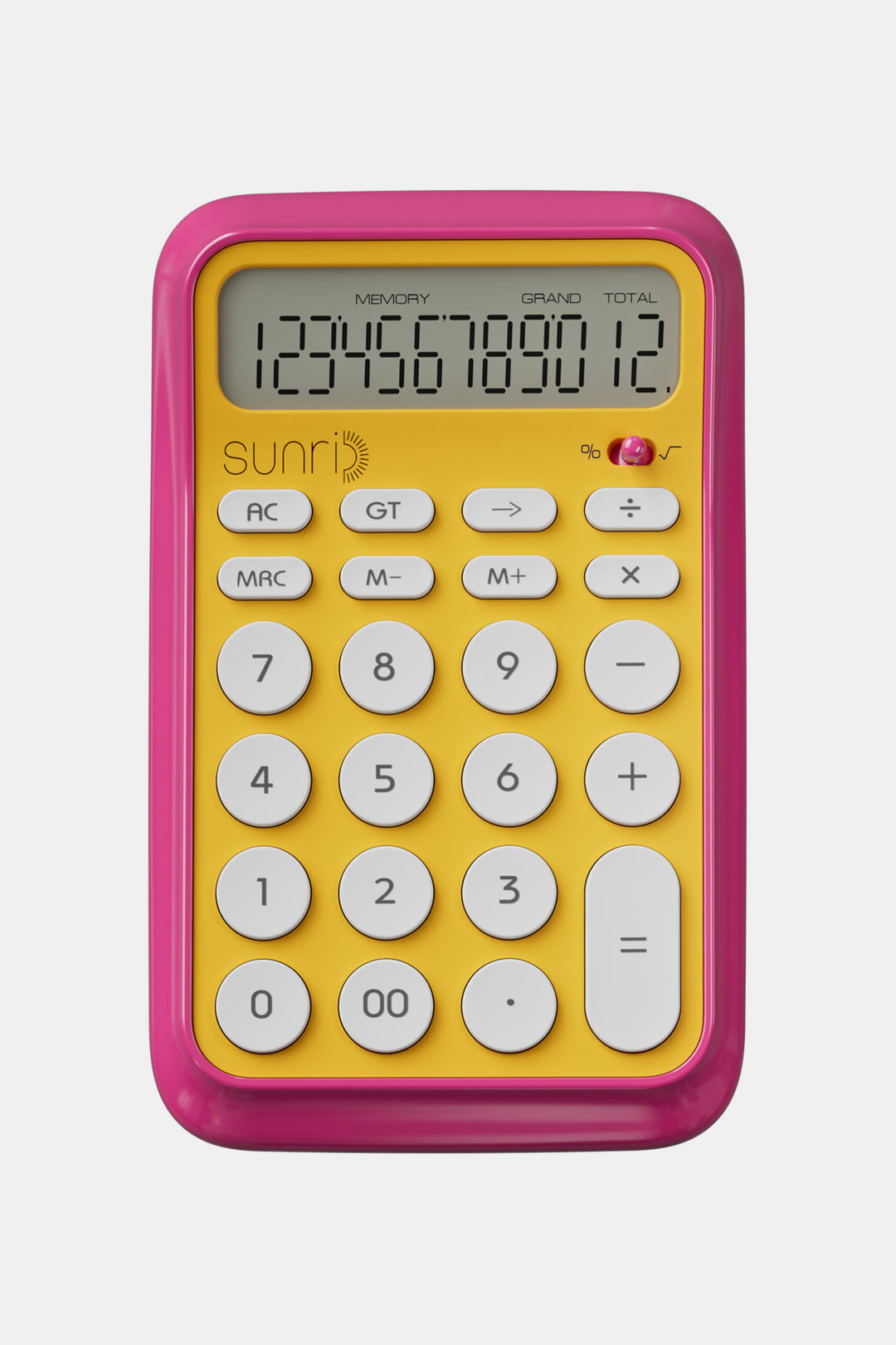 Yellow calculator with pink frame on a white background