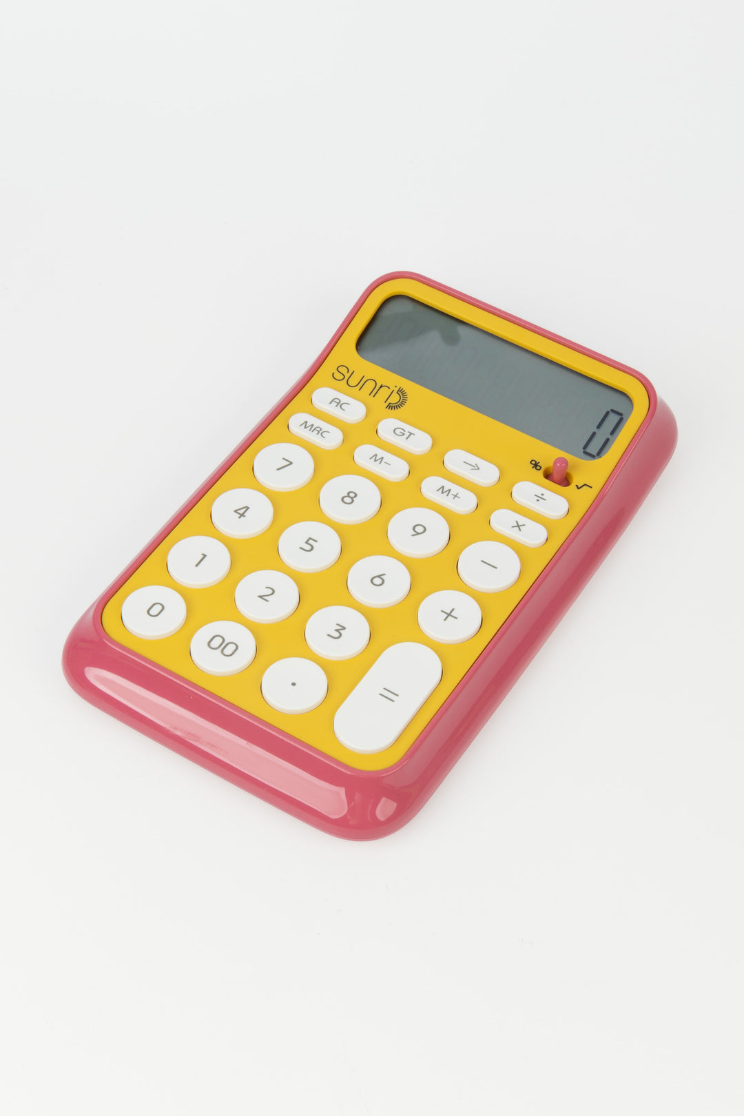 Yellow and pink calculator on a white background