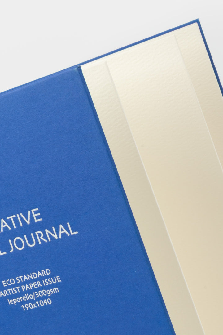 Close view of leporello folded sketch pages inside the Blue 鈥楥reative Visual Journal鈥?with 鈥榮unri鈥?branding
