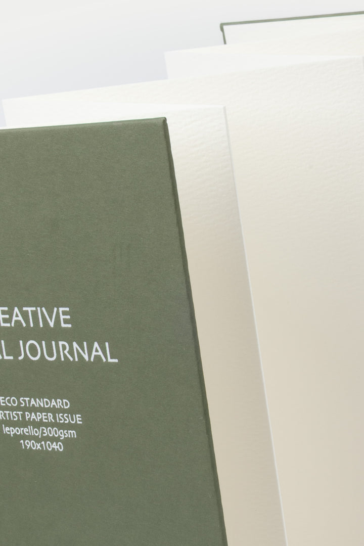 Close view of leporello folded sketch pages inside the green 鈥楥reative Visual Journal鈥?with 鈥榮unri鈥?branding
