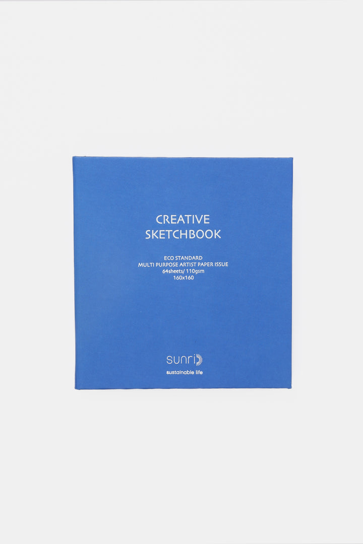 Front view of blue creative square sketchbook with sunri branding and clean white pages edge visible
