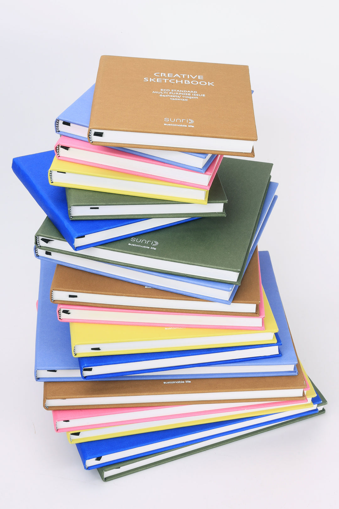 Stack of colorful notebooks on a white background