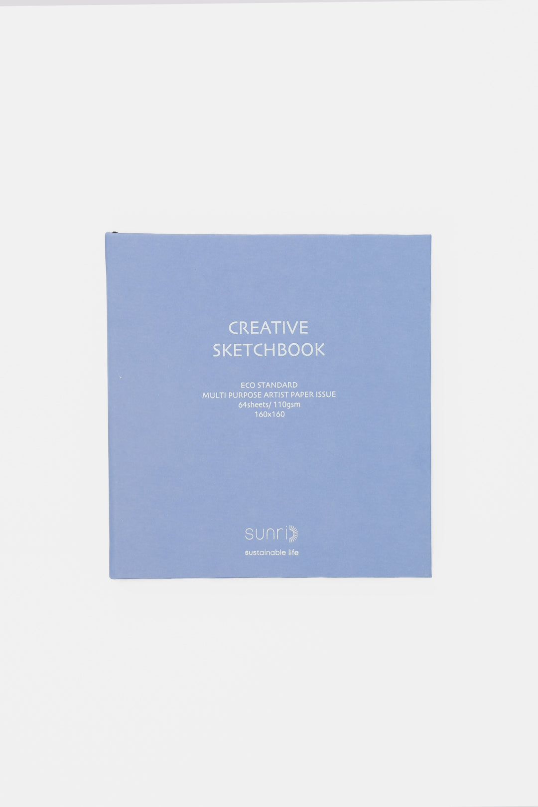 Front view of purple creative square sketchbook with sunri branding and clean white pages edge visible
