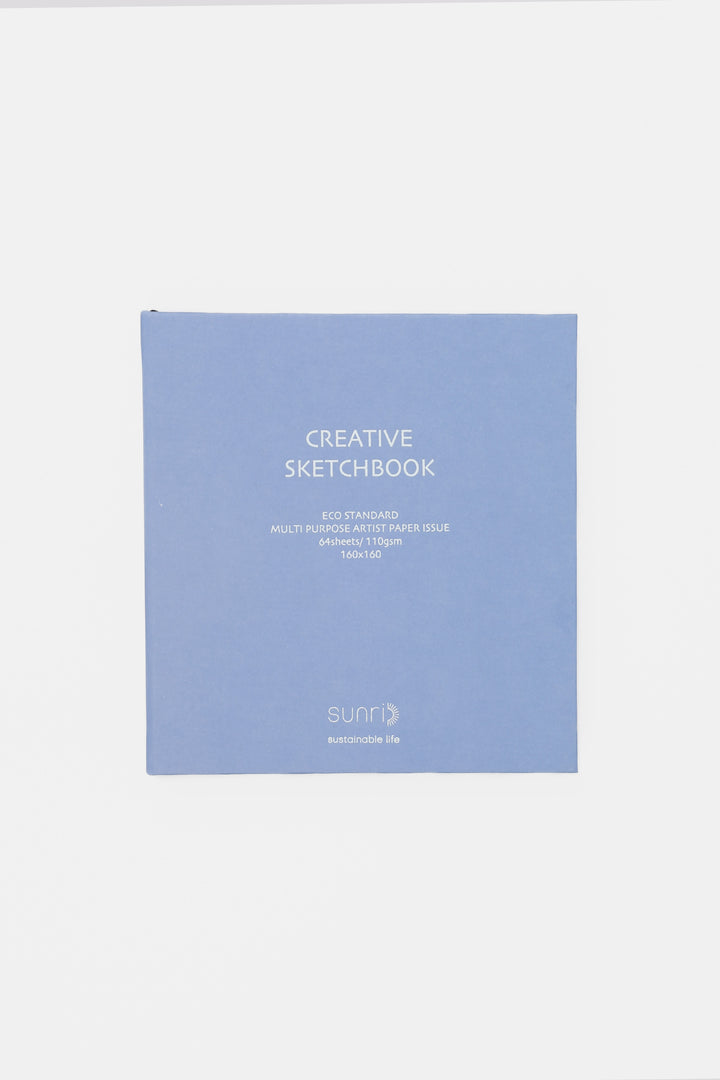 Front view of purple creative square sketchbook with sunri branding and clean white pages edge visible

