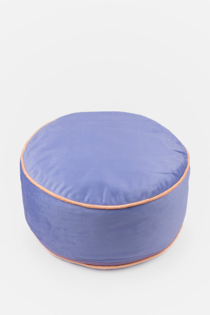 Round purple meditation pillow with a orange trim on a white background