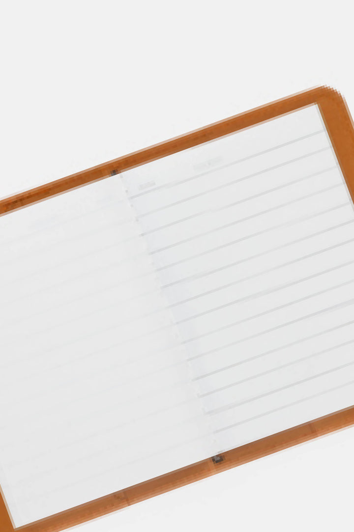 Open orange passport size sketch journal with lined and blank pages 