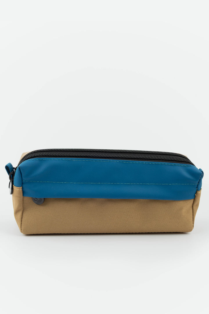 Two-toned pouch with blue top and beige bottom on a white background