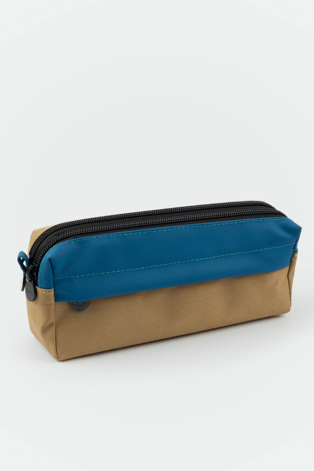 Two-toned pouch with blue top and brown bottom on a white background