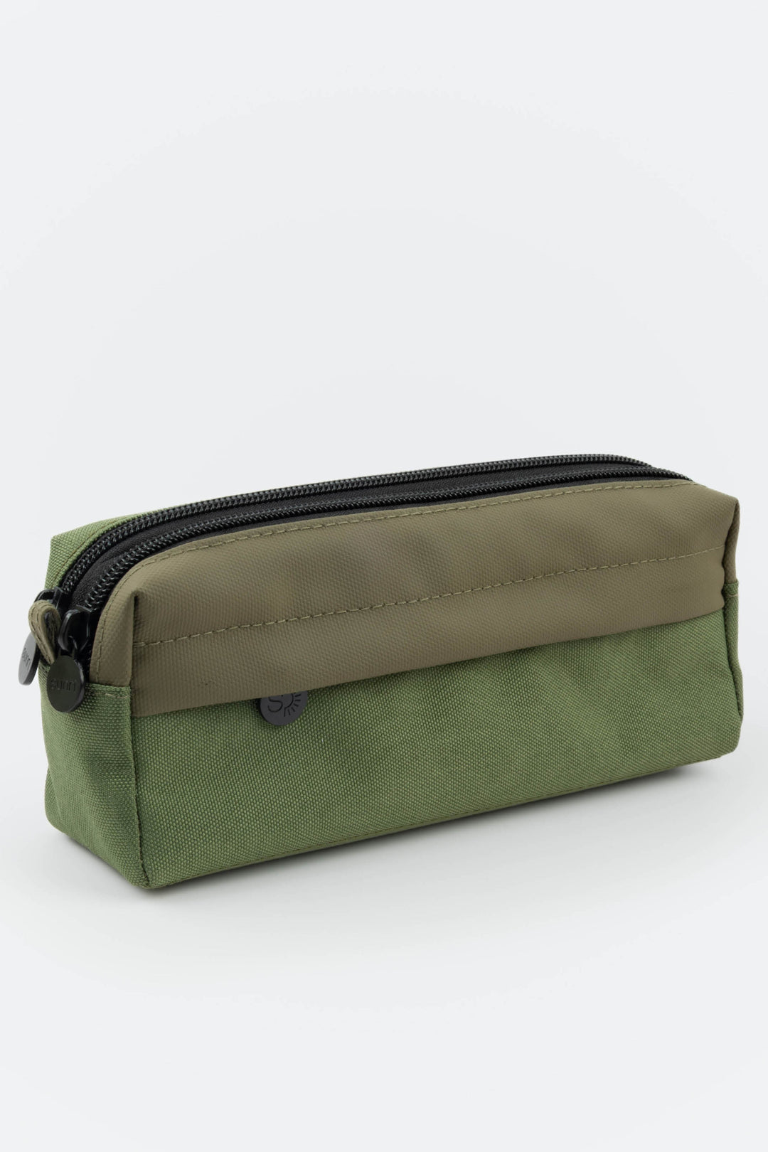 Green and beige pouch with a zipper on a white background