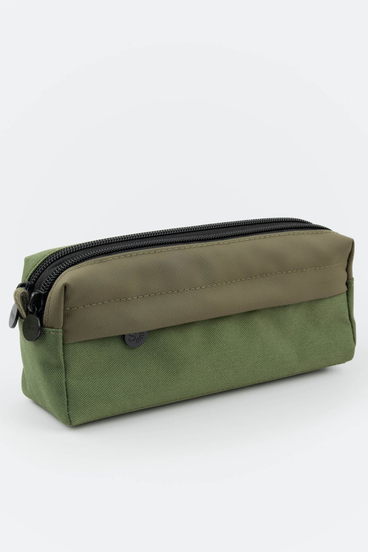 Green and beige pouch with a zipper on a white background