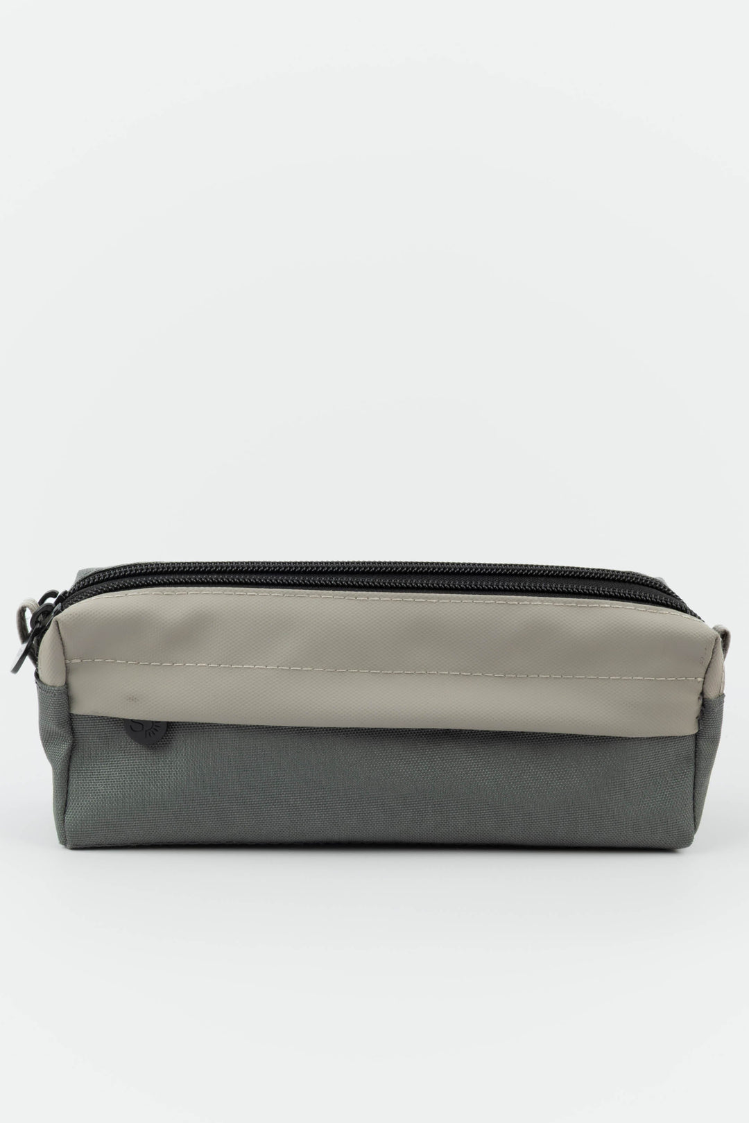 Grey pencil case with black zipper on a white background