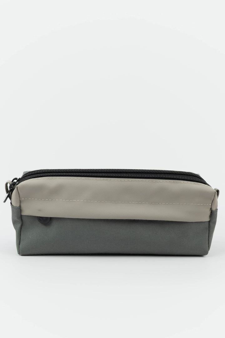 Grey pencil case with black zipper on a white background
