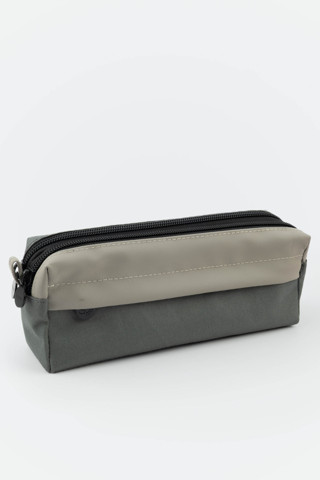 Gray and beige zipper pouch on a white background