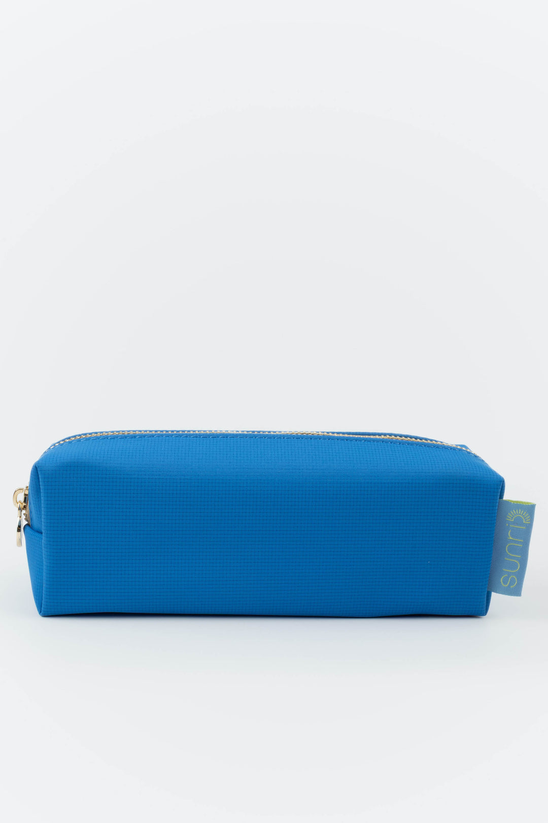 Blue pencil case with a gold zipper on a white background