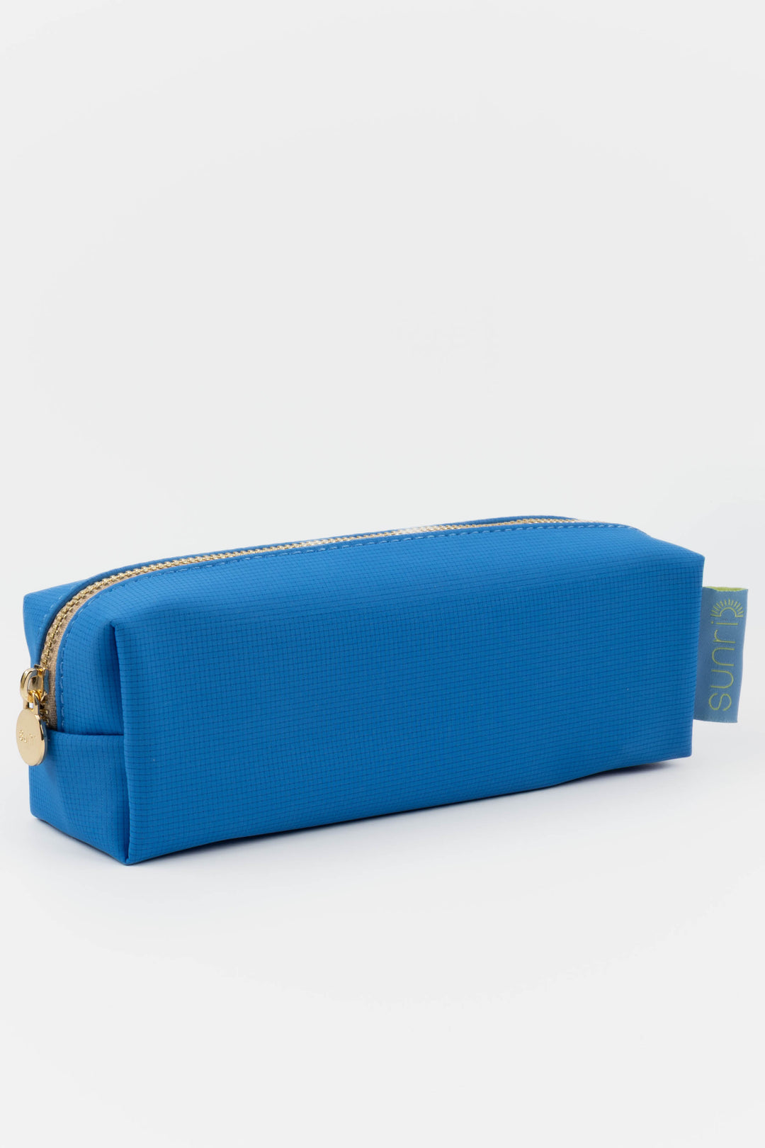 Blue rectangular pencil case with a gold zipper on a white background