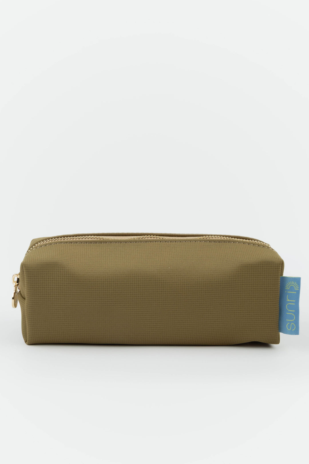 Greenish brown pencil case with a blue tag on a white background