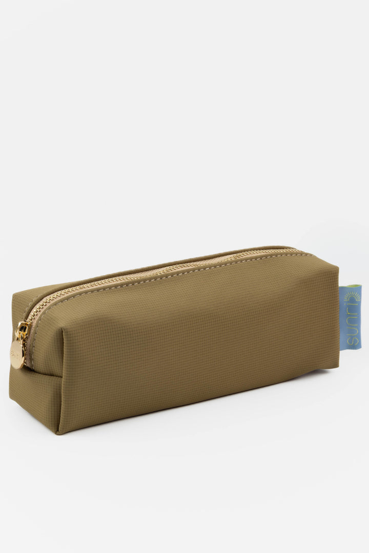 Brown rectangular pencil case with a gold zipper 