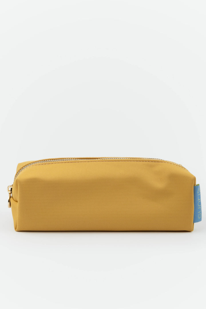 Yellow pencil case with a blue tag on a white background