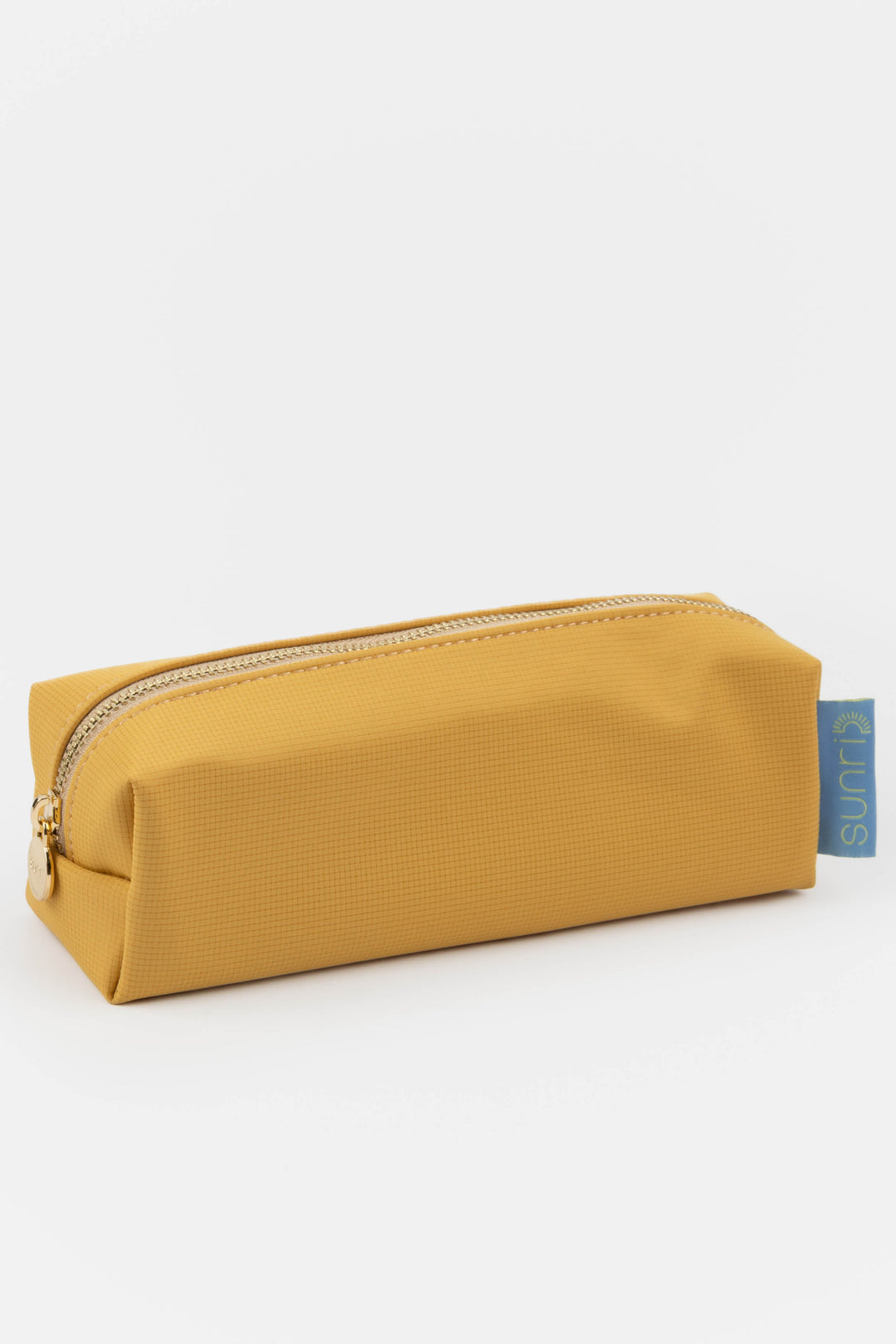 Yellow pencil case with a gold zipper on a white background