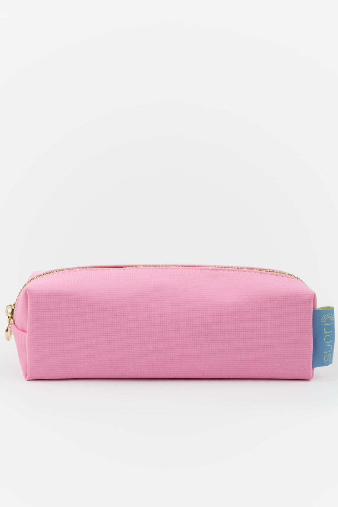 Pink pencil case with a blue tag on a white background