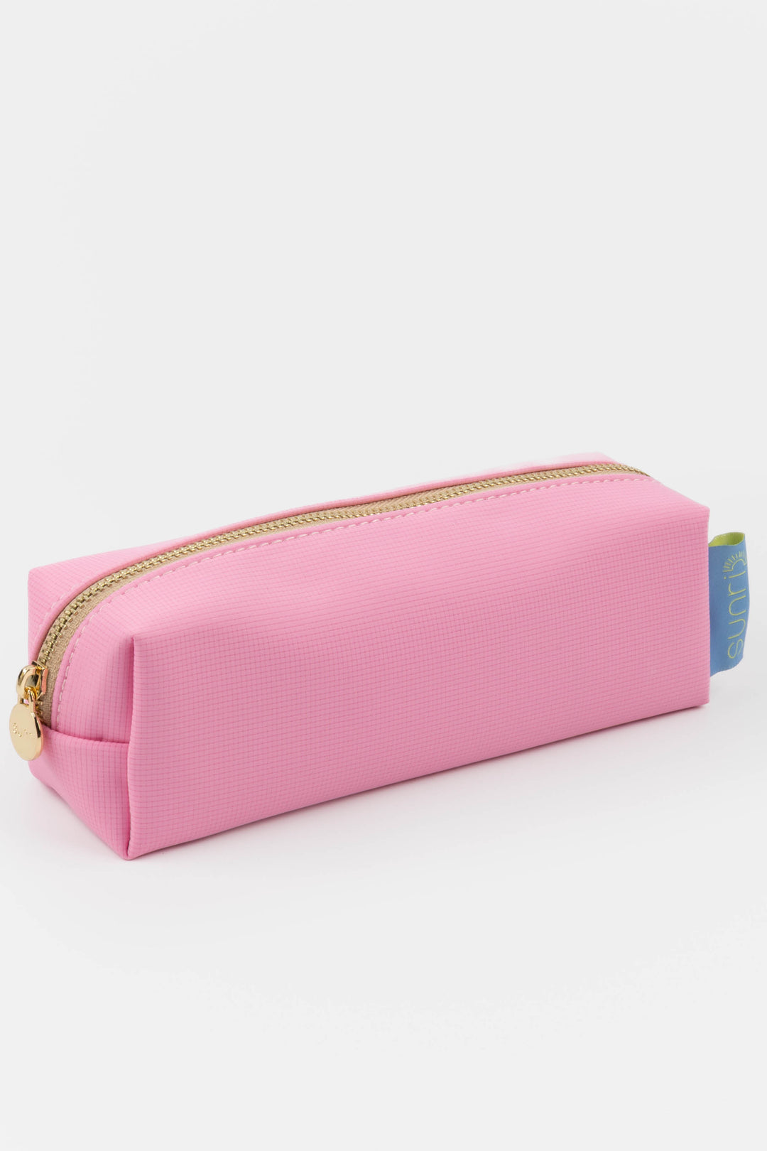 Pink pencil case with a gold zipper on a white background