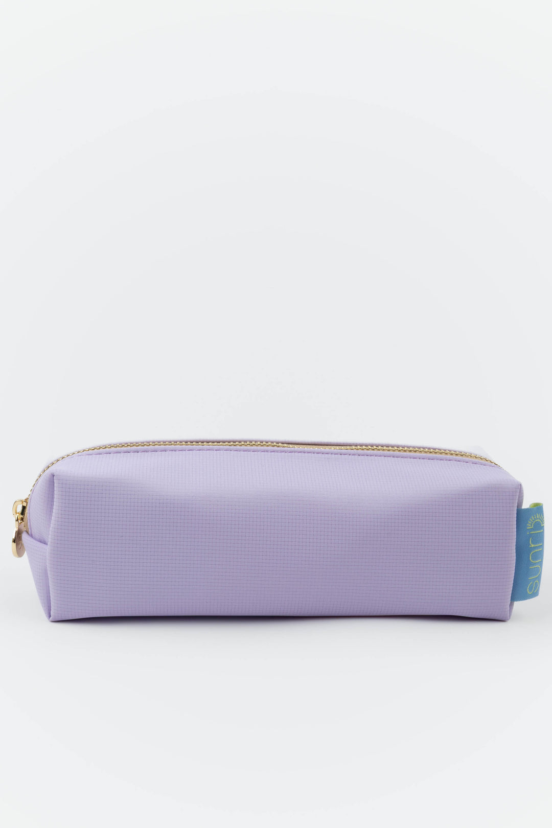 Purple pencil case with a gold zipper on a white background