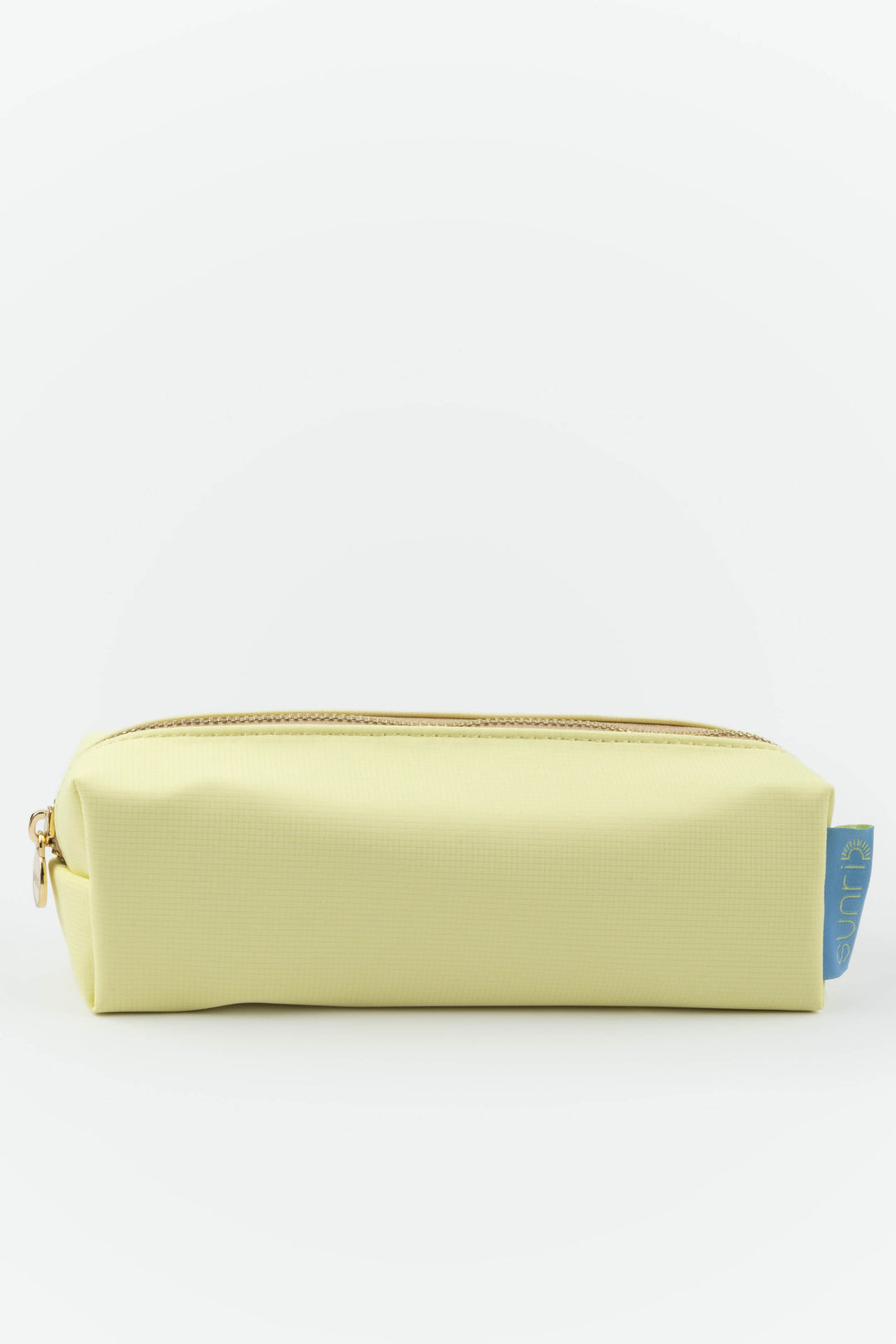 yellow pencil case with a blue tag on a white background