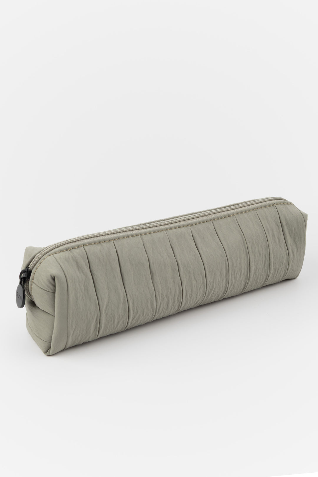 Rectangular grey pencil case with a zipper on a white background