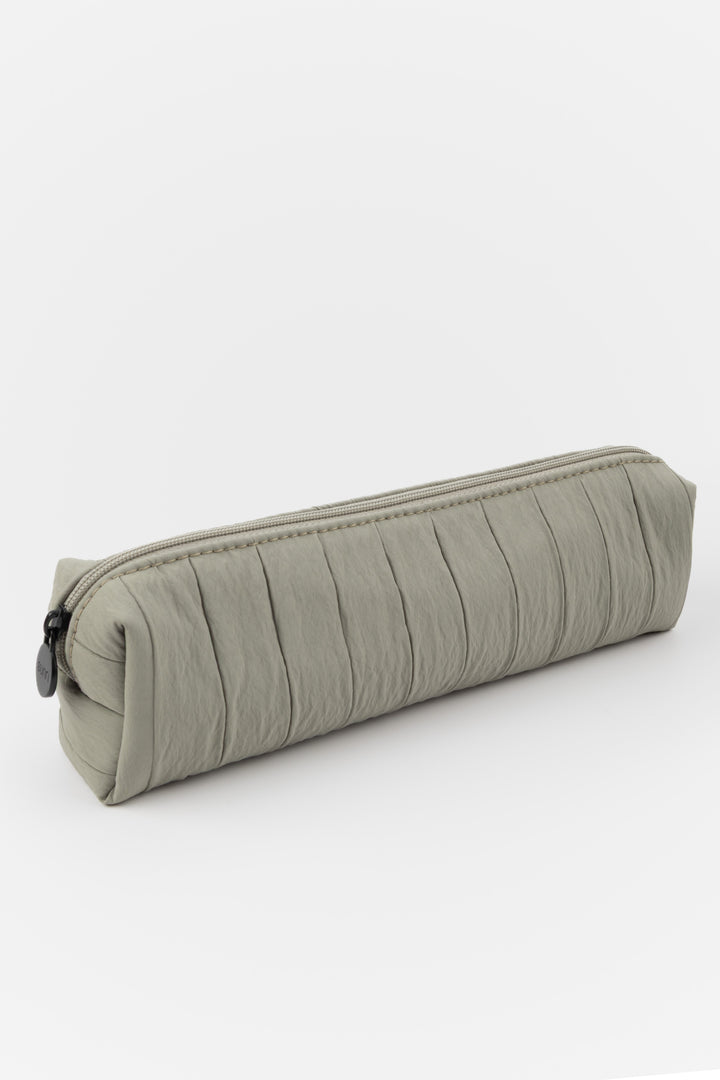 Rectangular grey pencil case with a zipper on a white background