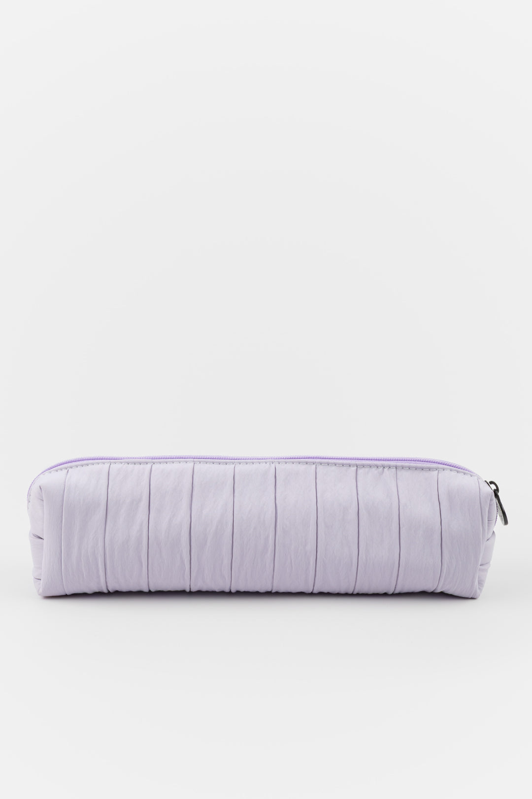 Purple pleated pencil case on a white background