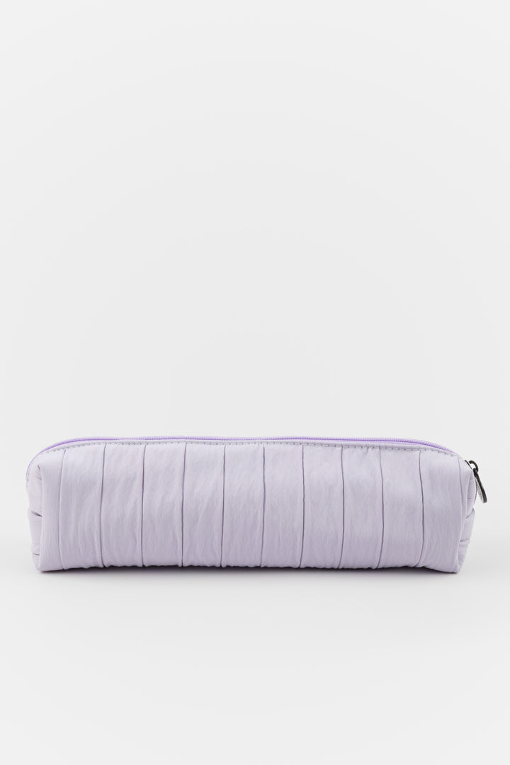 Purple pleated pencil case on a white background