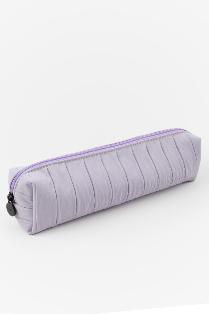 Purple textured rectangular pouch with a zipper on a white background