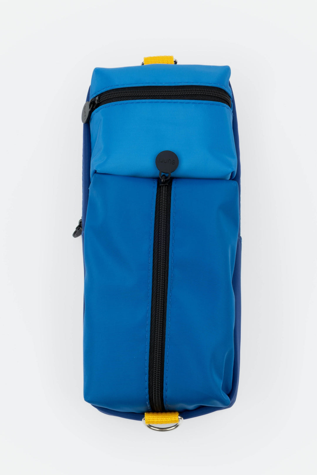 Blue pencil case with black zipper on a white background