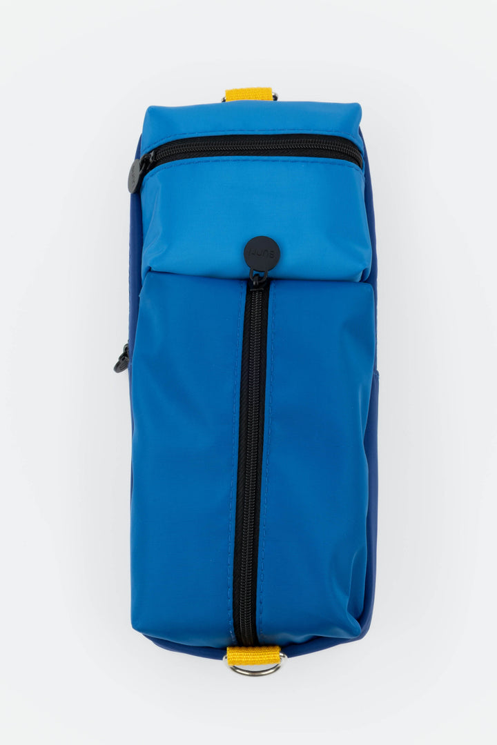 Blue pencil case with black zipper on a white background