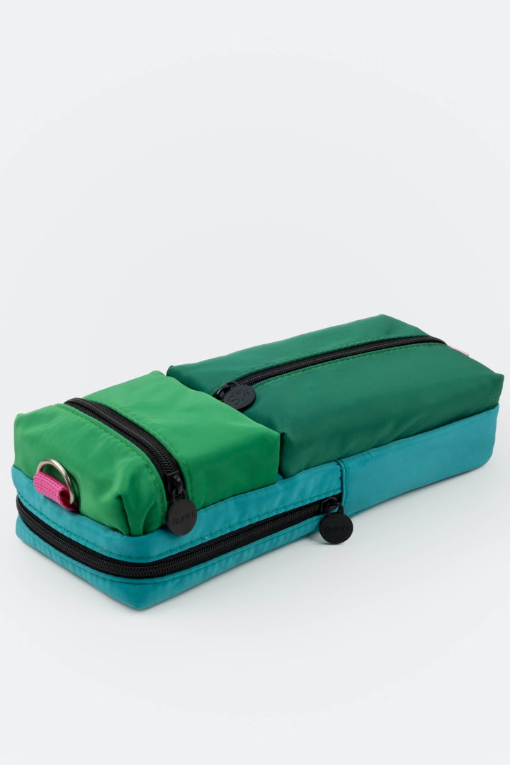 Utility pencil case shown from an angled side view with two padded zipped compartments
