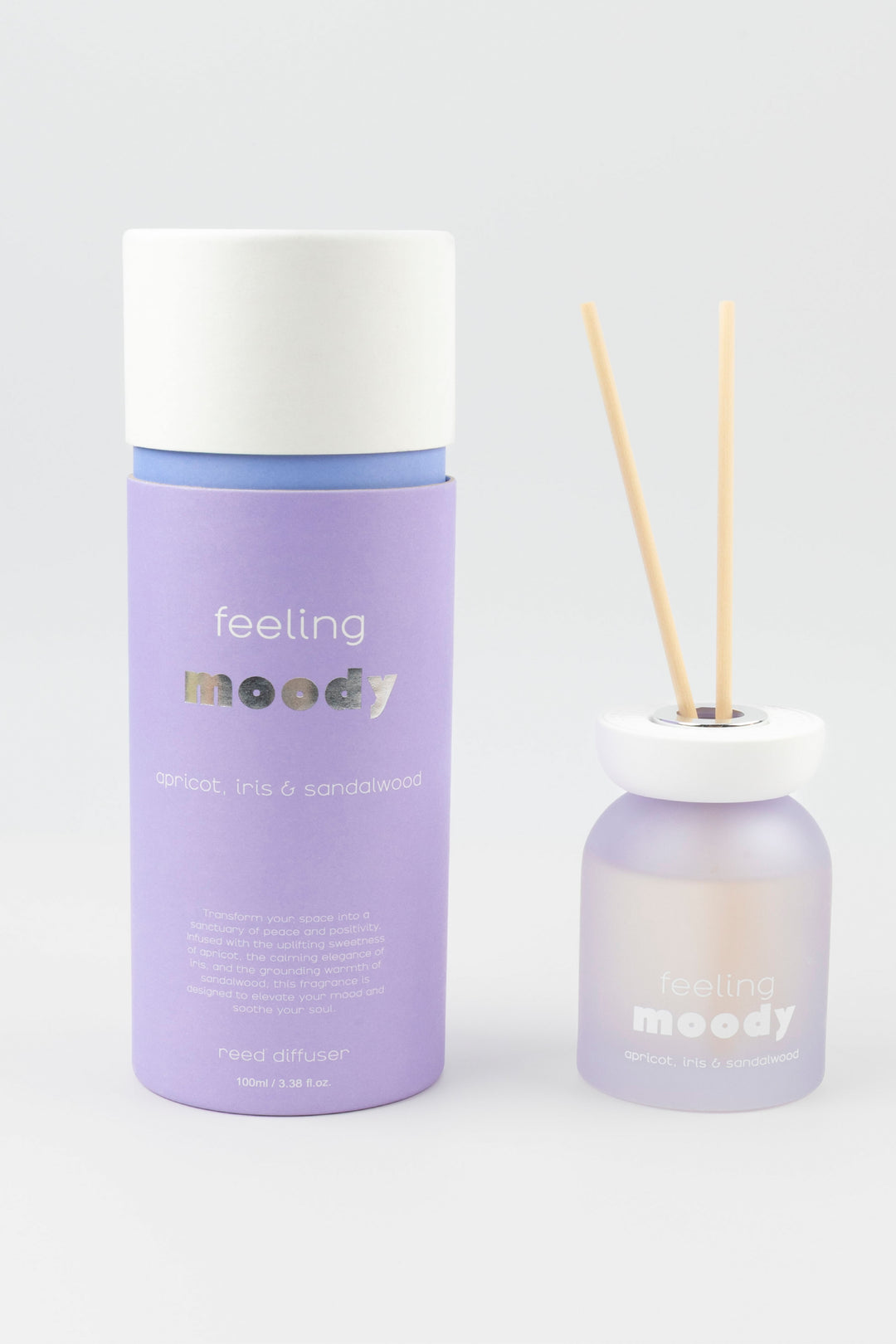 Purple diffuser bottle with white cap on a light gray background