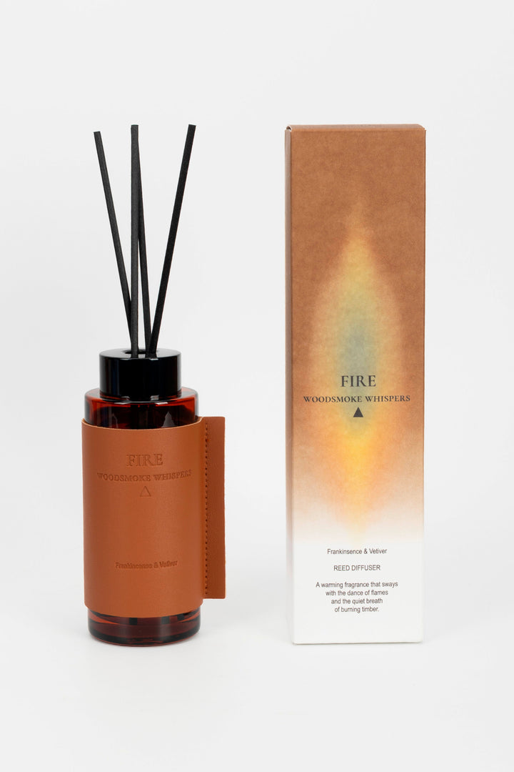 Diffuser bottle with black sticks and packaging on a white background
