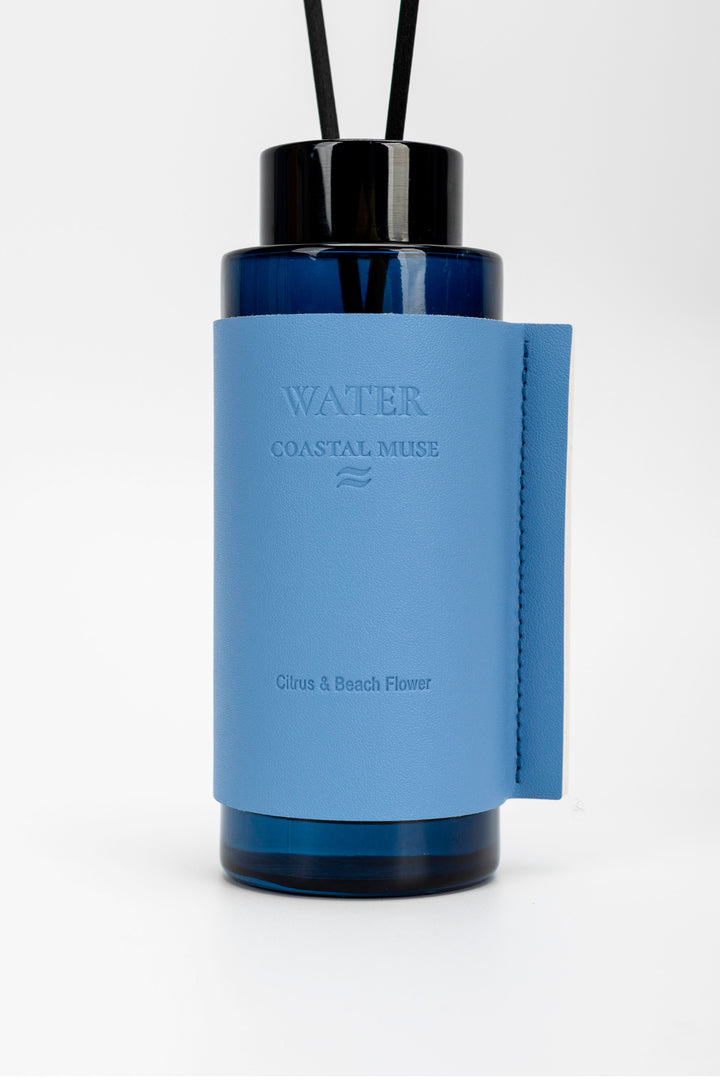 Blue diffuser bottle labeled 'Water Coastal Breeze' on a white background