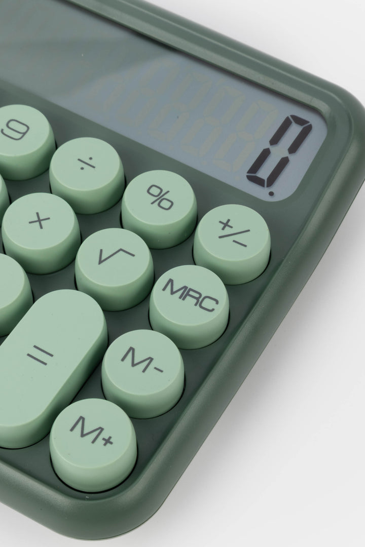 Green calculator with digital display on a white background