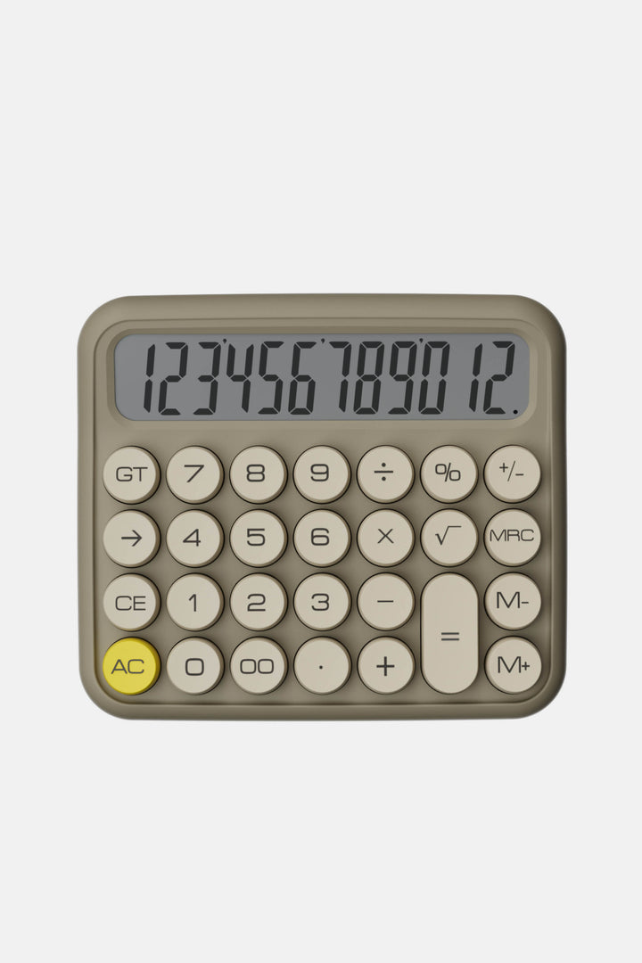 Calculator with a beige frame and digital display on a white background