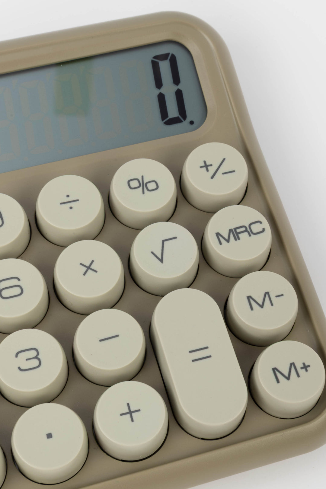 Beige calculator with digital display on a white background