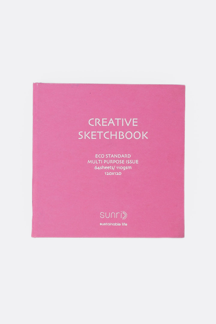 Pink sketchbook with 'Creative Sketchbook' text on a white background