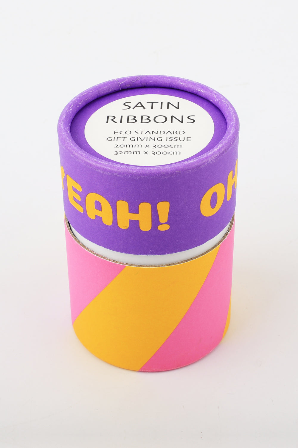 Colorful cylindrical container with a purple lid labeled 'Satin Ribbons' on a white background