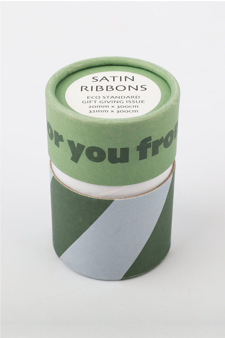 Green satin ribbons packaging with text on a white background