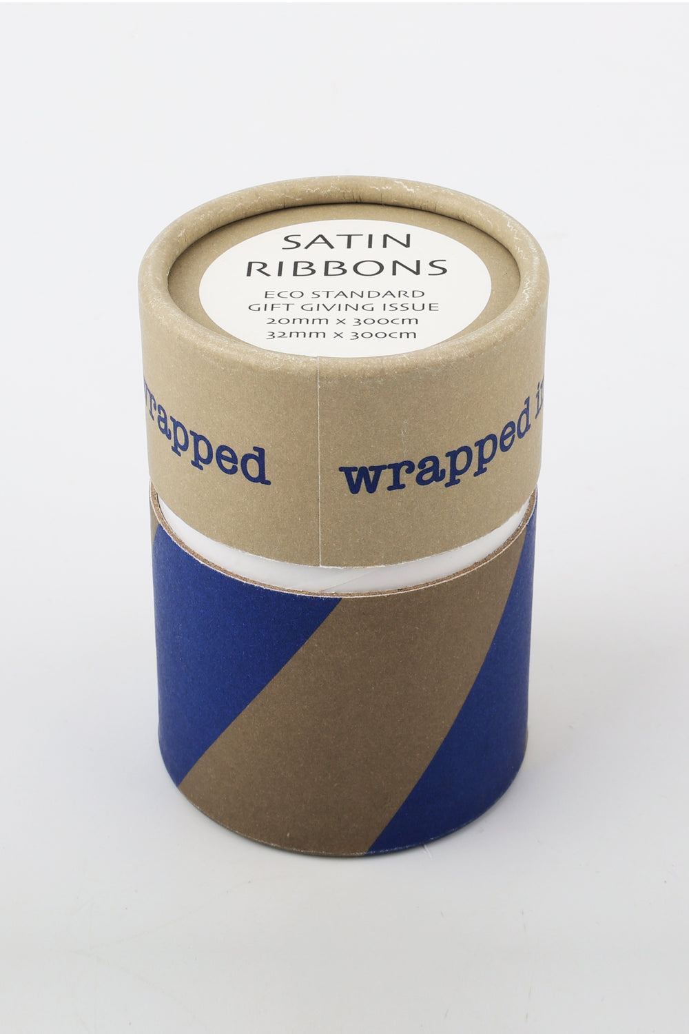 Roll of satin ribbons in a 'wrapped' branded cardboard tube on a white background