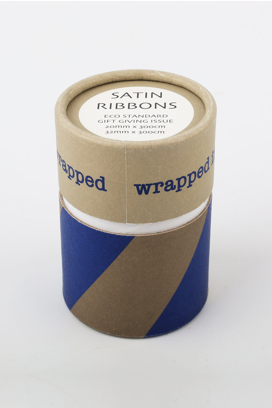 Roll of satin ribbons in a 'wrapped' branded cardboard tube on a white background