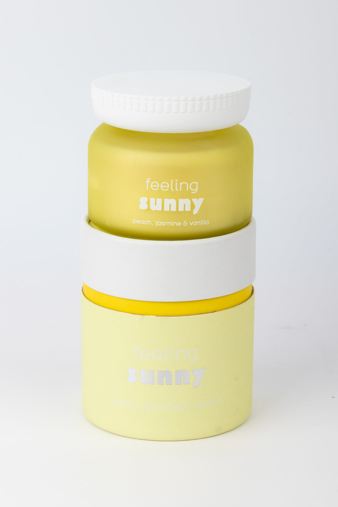 Two stacked containers with 'feeling sunny' text on a white background