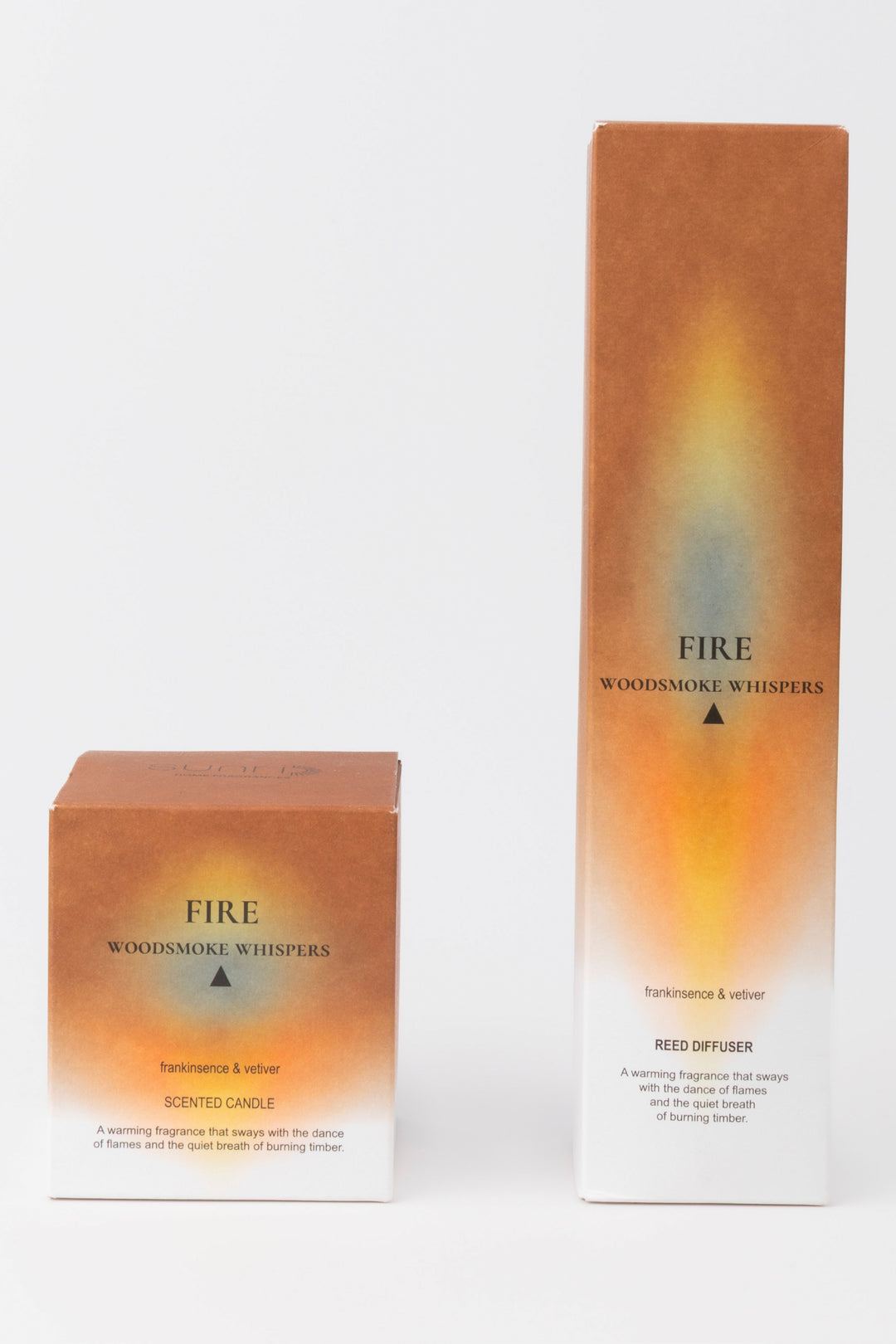 Two boxes of 'Fire Woodsmoke Whispers' products on a white background