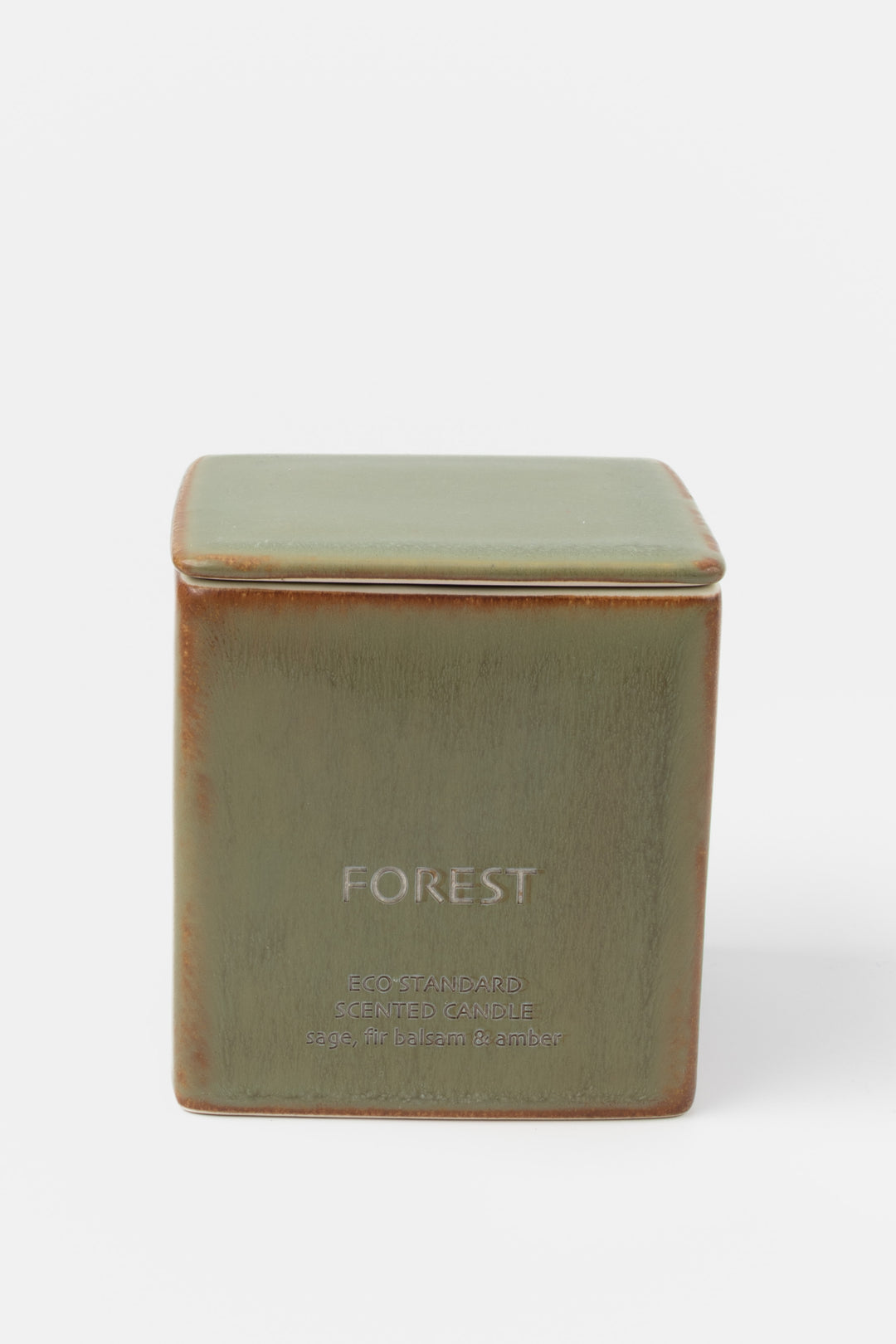 square green ceramic candle with fitted lid, front view

